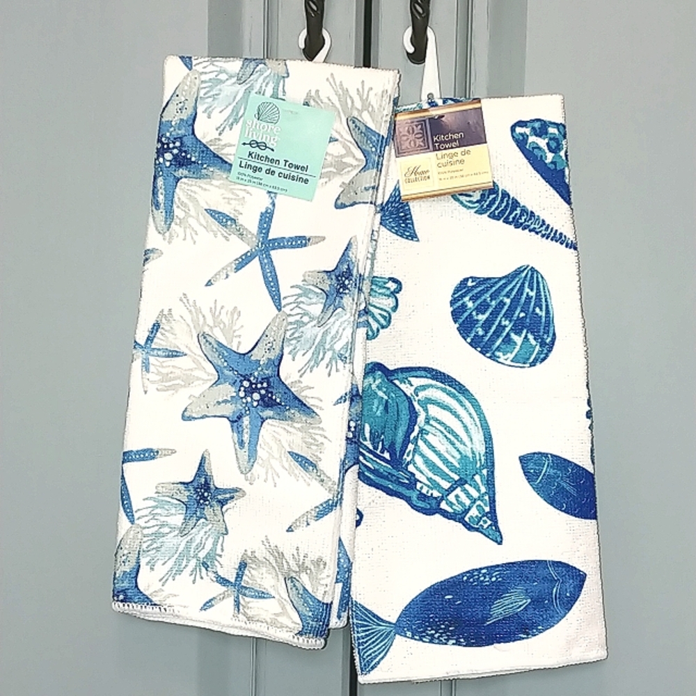 Blue & White Beach Theme Print Microfiber Hand Towels 2 Sets, NWT